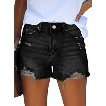 onlypuff Black Denim Shorts for Women Summer Jean Shorts High Waisted Denim Shorts Distressed Ripped Jean Shorts Mid Rise M