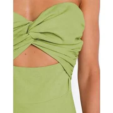 Fiemaoves Sexy Twist Front Strapless Sweetheart Neckline Midi Dresses for Women Smocked Cutout Tube Linen Dress Wedding Guest Sage
