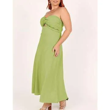 Fiemaoves Sexy Twist Front Strapless Sweetheart Neckline Midi Dresses for Women Smocked Cutout Tube Linen Dress Wedding Guest Sage