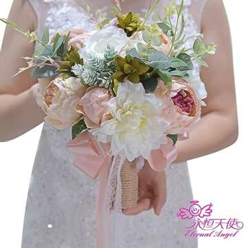 ETERNAL ANGEL Fake Flower Bridal Bouquet for Weddings, White, Champagne, Pink Silk Flower Bouquet for Bride and Bridesmaid, Artificial Flowers for Wedding Decorations, Lifelike Fake Flowers