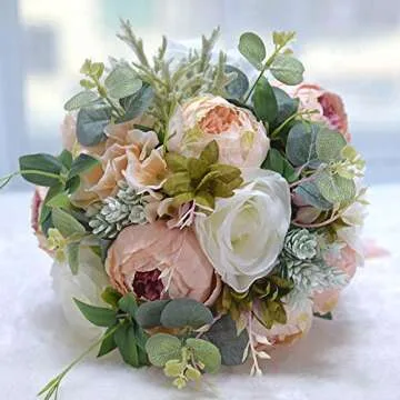 ETERNAL ANGEL Fake Flower Bridal Bouquet for Weddings, White, Champagne, Pink Silk Flower Bouquet for Bride and Bridesmaid, Artificial Flowers for Wedding Decorations, Lifelike Fake Flowers