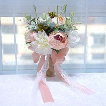ETERNAL ANGEL Fake Flower Bridal Bouquet for Weddings, White, Champagne, Pink Silk Flower Bouquet for Bride and Bridesmaid, Artificial Flowers for Wedding Decorations, Lifelike Fake Flowers
