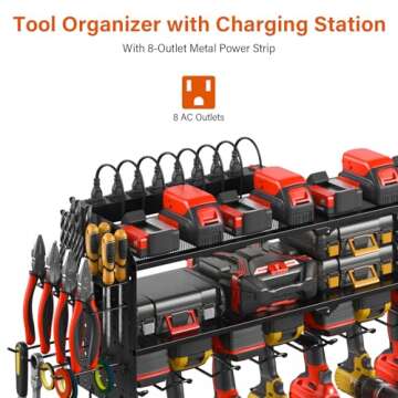 JUNNUJ Large Pegboard Power Tool Organizer with Charging Station, 8 Drills Driver and Tools Battery ...