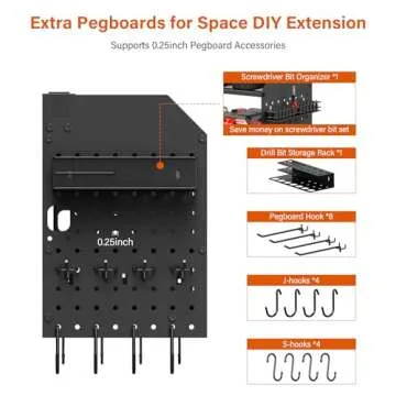 JUNNUJ Large Pegboard Power Tool Organizer with Charging Station, 8 Drills Driver and Tools Battery Holder Wall Mount with 8 Outlet Power Strip, Black 3-Layer Shop Garage Storage Utility Rack