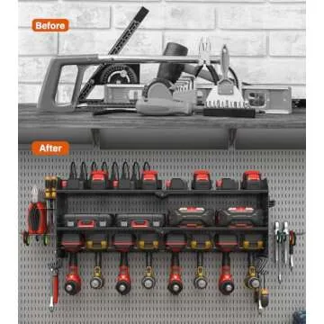 JUNNUJ Large Pegboard Power Tool Organizer with Charging Station, 8 Drills Driver and Tools Battery Holder Wall Mount with 8 Outlet Power Strip, Black 3-Layer Shop Garage Storage Utility Rack