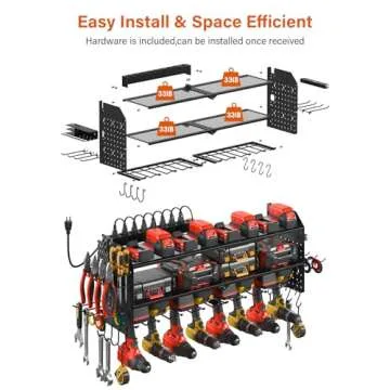 JUNNUJ Large Pegboard Power Tool Organizer with Charging Station, 8 Drills Driver and Tools Battery Holder Wall Mount with 8 Outlet Power Strip, Black 3-Layer Shop Garage Storage Utility Rack