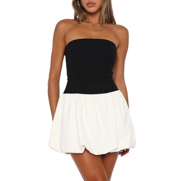 BAIGRAM Women Strapless Tube Top Dress - Cute Summer Mini Bubble Skirt Dress