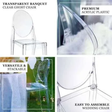 Efavormart Pack of 12 | Clear Transparent Banquet Ghost Chair Armless Stacking Accent Chair with Oval Back Acrylic, Invisible Plastic Construction, Unique Style