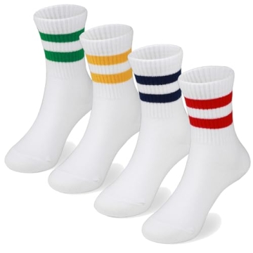 COTTON DAY Unisex School Kids Boys Girls Soft Cotton White Athletic Socks with Colorful Stripes 6-8 ...