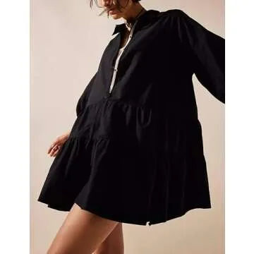HangNiFang Women's Summer Babydoll Mini Dress - Flowy Puff Sleeve Tunic (Black-S)