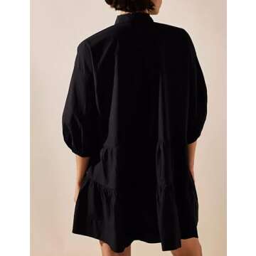 HangNiFang Women's Summer Babydoll Mini Dress Flowy Puff Sleeve Tiered Button Down Oversized Tunic Dress with Pockets(1307-Black-S)