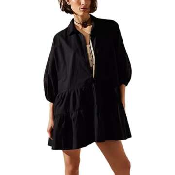 HangNiFang Women's Summer Babydoll Mini Dress Flowy Puff Sleeve Tiered Button Down Oversized Tunic Dress with Pockets(1307-Black-S)