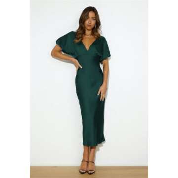 Satin V Neck Puffy Sleeves Silk Midi Dresses Empire Waist Elegant Tie Back Formal Cocktail Dress for...