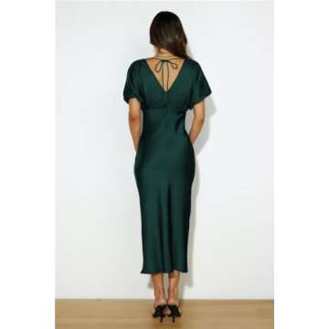 Satin V Neck Puffy Sleeves Silk Midi Dresses Empire Waist Elegant Tie Back Formal Cocktail Dress for Women Wedding Guest Forest