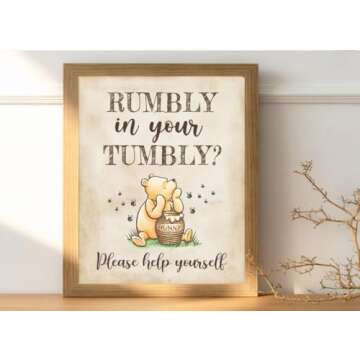 4PCS Winnie Table Sign Centerpieces A Little Yummy for Your Tummy for Baby Shower Decorations Pooh Birthday Decorations Welcome Baby Party Supplies(8x10in)