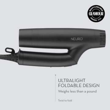 Neuro by Paul Mitchell Dry+ Folding High-Velocity Hair Dryer with 110,000 RPM Brushless Motor For Fast Drying, Travel Blower Dryer with Storage Bag, Lightweight + Portable