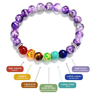 Reizteko Men Women 8mm Lava Rock 7 Chakra Diffuser Bracelet Elastic Natural Stone Yoga Beads Bracelet Bangle (Amethyst Beads)