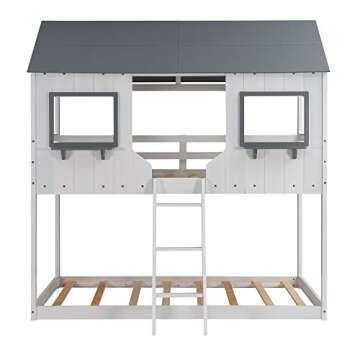 MERITLINE Wood Bunk Bed Frame Twin Over Twin Size House Shaped Low Bunk Beds for Kids and Toddlers, White