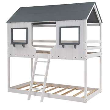 MERITLINE Wood Bunk Bed Frame Twin Over Twin Size House Shaped Low Bunk Beds for Kids and Toddlers, White