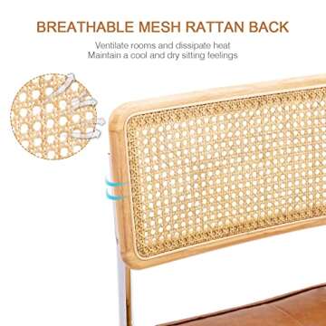 Zesthouse Natural Rattan Dining Chairs Set of 2, Modern Dining Room Chairs with Solid Wood Back for Kitchen Living Room, Mid Century Breuer Design Inspired, Upholstered Faux Leather Brown