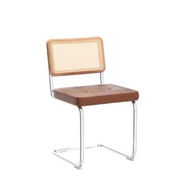 Zesthouse Natural Rattan Dining Chairs Set of 2, Modern Dining Room Chairs with Solid Wood Back for Kitchen Living Room, Mid Century Breuer Design Inspired, Upholstered Faux Leather Brown