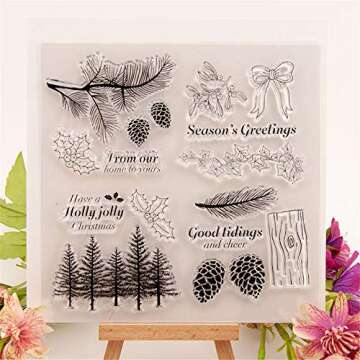 Winter Trees Branch Leaves Pine Cones Bow Clear Rubber Stamps for Card Making and Scrapbooking Chris...