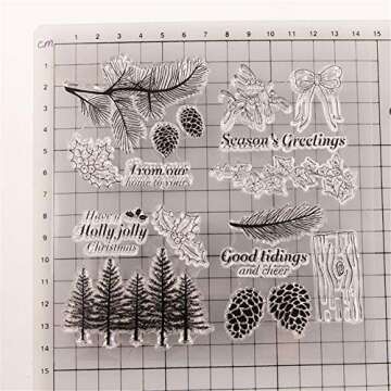Winter Trees Branch Leaves Pine Cones Bow Clear Rubber Stamps for Card Making and Scrapbooking Christmas Wishes Words Silicone Stamps (T1641)
