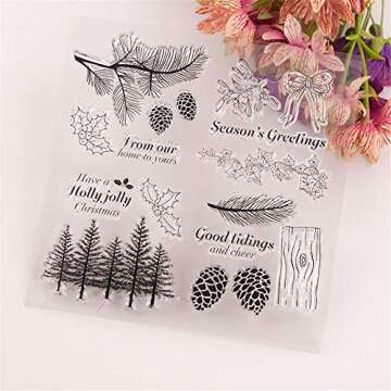Winter Trees Branch Leaves Pine Cones Bow Clear Rubber Stamps for Card Making and Scrapbooking Christmas Wishes Words Silicone Stamps (T1641)