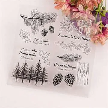 Winter Trees Branch Leaves Pine Cones Bow Clear Rubber Stamps for Card Making and Scrapbooking Christmas Wishes Words Silicone Stamps (T1641)
