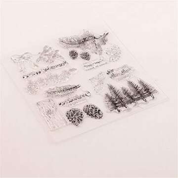 Winter Trees Branch Leaves Pine Cones Bow Clear Rubber Stamps for Card Making and Scrapbooking Christmas Wishes Words Silicone Stamps (T1641)