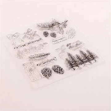 Winter Trees Branch Leaves Pine Cones Bow Clear Rubber Stamps for Card Making and Scrapbooking Christmas Wishes Words Silicone Stamps (T1641)