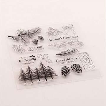 Winter Trees Branch Leaves Pine Cones Bow Clear Rubber Stamps for Card Making and Scrapbooking Christmas Wishes Words Silicone Stamps (T1641)