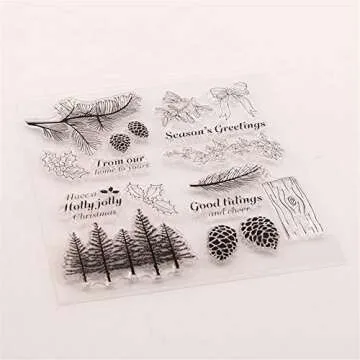Winter Trees Branch Leaves Pine Cones Bow Clear Rubber Stamps for Card Making and Scrapbooking Christmas Wishes Words Silicone Stamps (T1641)