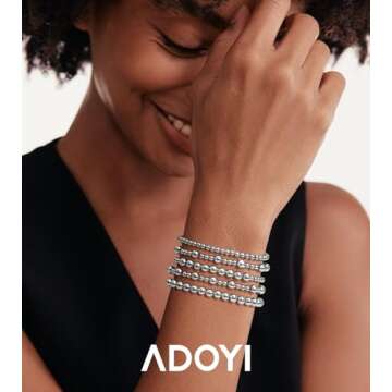 adoyi Silver Bracelets for Women 14K Gold Plated Beaded Bracelet Stack Strand Stretch Bead Ball Brac...
