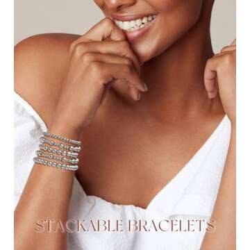 adoyi Silver Bracelets for Women 14K Gold Plated Beaded Bracelet Stack Strand Stretch Bead Ball Bracelet Set Adjustable Jewelry for Women 6.8 inches