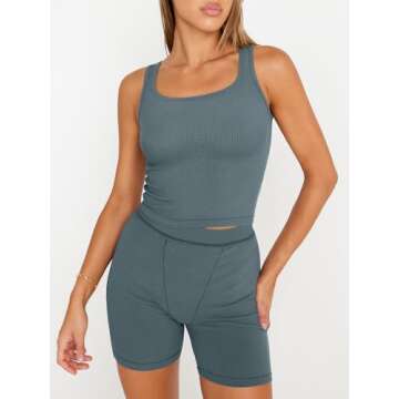 Trendy Queen 2 Piece Lounge Sets for Women Matching Workout Set Cropped Tank Tops and High Waist Yoga Leggings Active Wear, Medium, Bluegrey