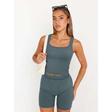 Trendy Queen 2 Piece Lounge Sets for Women Matching Workout Set Cropped Tank Tops and High Waist Yoga Leggings Active Wear, Medium, Bluegrey