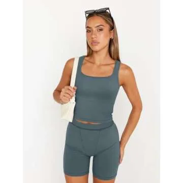 Trendy Queen 2 Piece Lounge Sets for Women Matching Workout Set Cropped Tank Tops and High Waist Yoga Leggings Active Wear, Medium, Bluegrey