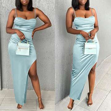 ANRABESS Women Satin Sleeveless Spaghetti Strap Bodycon Slit Cocktail Evening Party Wedding Guest Formal Prom Maxi Dress Light Blue Large