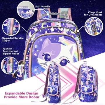 Girls Backpack Kids Backpacks for Girls Cute Cat Backpack for Girls Kawaii Backpack for Preschool Elementary Kindergarten,Light Purple Color,Large Capacity,16 Inch