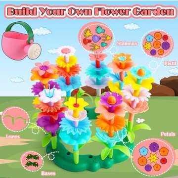 FUNZBO Flower Garden Building Toys - Spring Toys for Age 3 4 5 6 7 Years Old Toddler Girl, STEM Montessori Educational Toy for Kids, Sorting & Stacking Set for Birthday Valentine Easter Gardening Gift