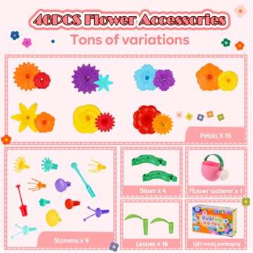 FUNZBO Flower Garden Building Toys - Spring Toys for Age 3 4 5 6 7 Years Old Toddler Girl, STEM Montessori Educational Toy for Kids, Sorting & Stacking Set for Birthday Valentine Easter Gardening Gift