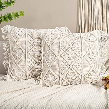 Homesunshine Macramé Pillow Cover- Set of 2 Boho Cushion Cover 100% Cotton Decorative Fringe Pillow...