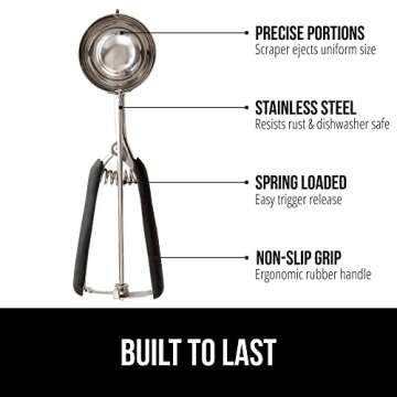 Gorilla Grip Stainless Steel Multipurpose BPA-Free Spring Scoop, 8 TBSP, Melon Ballers, Cookie Dough Scoops, Perfect Portion Sizes, Easy Squeeze and Clean Release, Scooper Size 8, Black