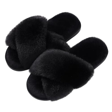 Evshine Women's Fuzzy Slippers Cross Band Memory Foam House Slippers Open Toe, Black, 36-37 (Size 5-...