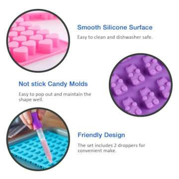 Pharamat Silicone Gummy Molds Set of 4, Candy Molds with 2 Droppers for Convenient Filling, Chocolate Molds Set Includes Dinosaur, Bear, Donut and Heart Molds