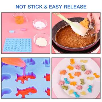 Pharamat Silicone Gummy Molds Set of 4, Candy Molds with 2 Droppers for Convenient Filling, Chocolate Molds Set Includes Dinosaur, Bear, Donut and Heart Molds