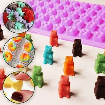 Pharamat Silicone Gummy Molds Set of 4, Candy Molds with 2 Droppers for Convenient Filling, Chocolate Molds Set Includes Dinosaur, Bear, Donut and Heart Molds