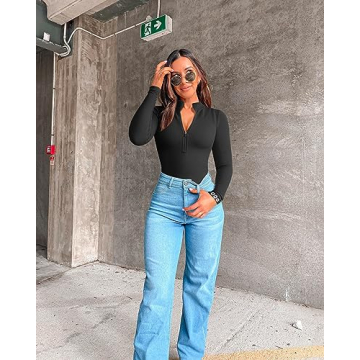 OQQ Women's Sexy Zip Front Long Sleeve Bodysuits