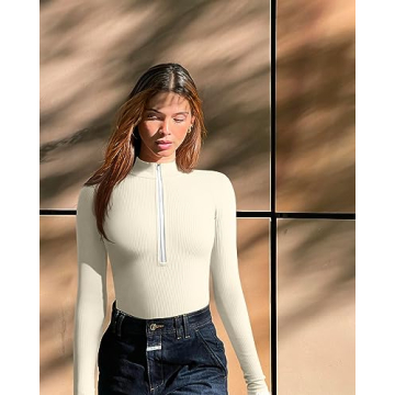 OQQ Women's Sexy Zip Front Long Sleeve Bodysuits